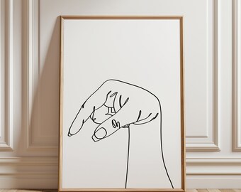 May include: A black and white line drawing of a hand reaching out with the index finger pointing down.