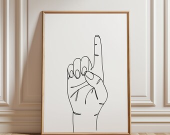 May include: A black and white line drawing of a hand making the number one sign with the index finger pointing up.