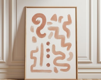 May include: Abstract art print with a white background and various shapes and lines in shades of brown and peach.