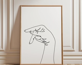 May include: A black and white line drawing of a hand in a simple, minimalist style. The hand is depicted with a single continuous line, creating a modern and abstract aesthetic.