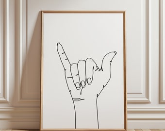 手話、文字 Y、線画、アルファベット、ASL、一行、壁画、印刷可能なアート