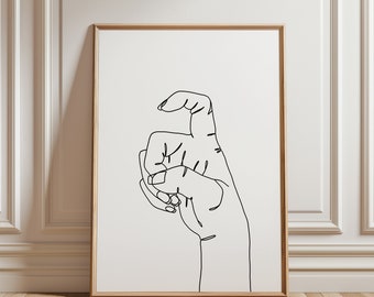 May include: A black and white line drawing of a hand making a gesture. The hand is drawn in a single continuous line.