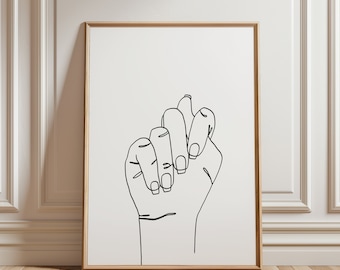 May include: A black and white line drawing of a hand with fingers intertwined, creating a simple and minimalist design.