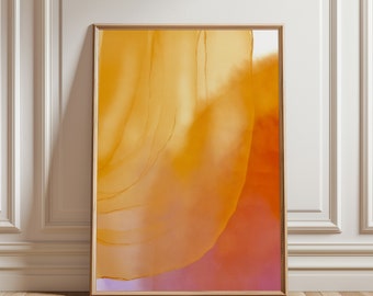 May include: Abstract painting in a wooden frame. The painting features a large, flowing shape in shades of yellow, orange, and pink.
