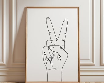 May include: A black and white line drawing of a hand making the peace sign.