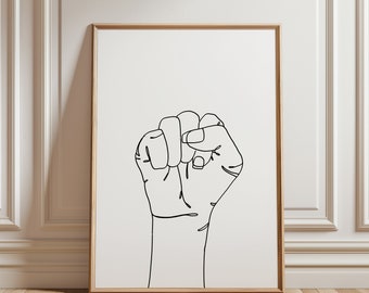 May include: A black and white line drawing of a raised fist, a symbol of strength and unity.