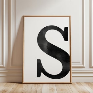 Impresión de acuarela de la letra S, descarga digital, acuarela negra, impresión digital moderna, arte de pared imprimible, decoración del hogar, tipografía, inicial