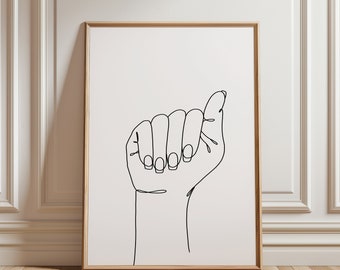May include: A black and white line drawing of a hand making the ASL sign for "I love you".
