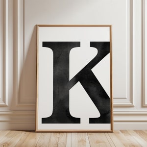 Buchstabe K Aquarell Druck, digitaler Download, schwarzes Aquarell, moderner Digitaldruck, druckbare Wandkunst, Dekoration, Typografie, Initiale