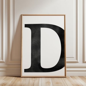 Impresión de acuarela de la letra D, descarga digital, acuarela negra, impresión digital moderna, arte de pared imprimible, decoración del hogar, tipografía, inicial