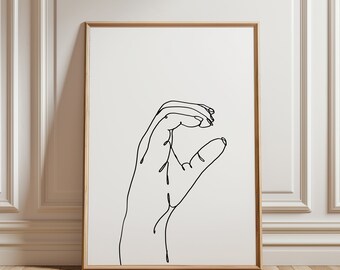 May include: A black and white line drawing of a hand forming a heart shape.