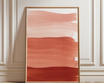 May include: Abstract art print with a framed canvas featuring a layered design of horizontal brushstrokes in shades of pink and red.