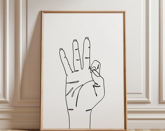 May include: A black and white line drawing of a hand making the OK sign.
