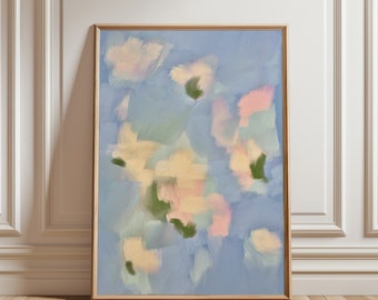 May include: Abstract painting in a wooden frame. The painting features a blue background with soft, pastel-colored shapes in shades of pink, yellow, and green.