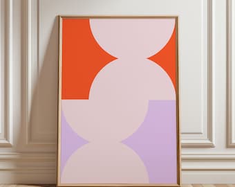 May include: Abstract geometric art print with overlapping circles in shades of orange, pink, and purple. The print is framed in a natural wood frame.