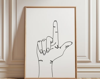 手話、文字 L、線画、アルファベット、ASL、一行、壁画、印刷可能なアート