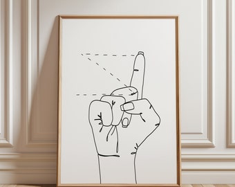 May include: A black and white line drawing of a hand making the American Sign Language sign for the letter "L".
