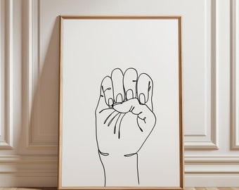 手話、文字 E、線画、アルファベット、ASL、一行、壁画、印刷可能なアート