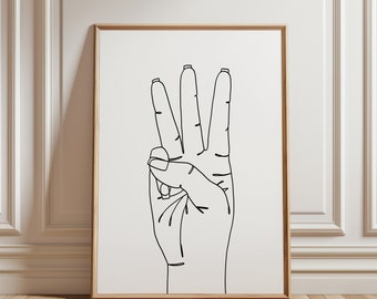手話、文字 W、線画、アルファベット、ASL、一行、壁画、印刷可能なアート
