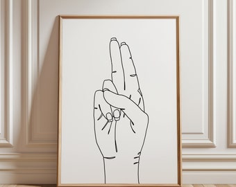 May include: Line art drawing of a hand making a gesture with two fingers extended.