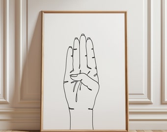 May include: A black and white line drawing of a hand making the number four sign language gesture.