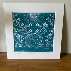 Moonlit Hare Lino Print: Teal Green Linocut Art