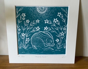 Lino print 'Moonlit Hare', original limited edition Linocut of a sleeping Hare in moonlight, hand printed wall art gift, in Teal green