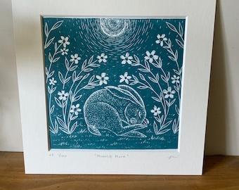 Moonlit Hare Lino Print: Teal Green Linocut Art