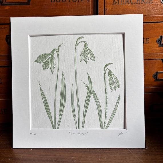 Snowdrop Lino Print: Original Limited Edition Linocut, Spring Flower Art, sage green.