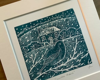 Robin Lino Print: Original Limited Edition linocut , Winter Scene in blue.
