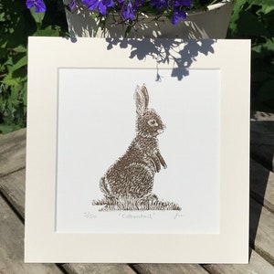 Lino print of a Rabbit, an Original limited edition lino cut print in brown and white, hand printed gift for a nature lover.