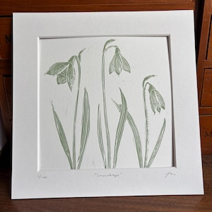 May include: A green and white print of snowdrops, a type of flower, with the text "Snowdrops" and "1/100" in the bottom corners.