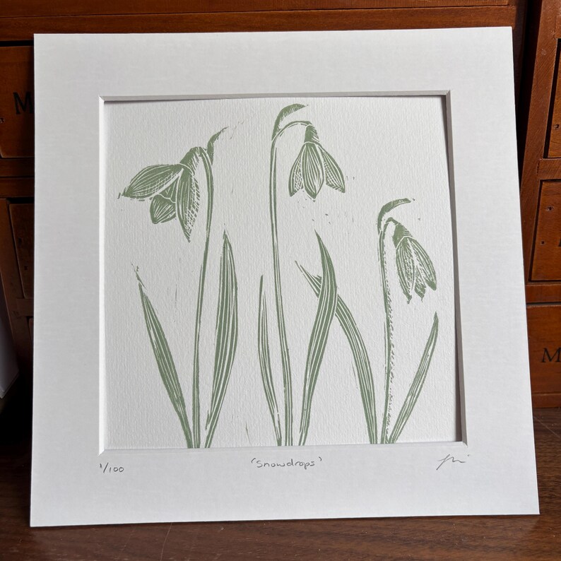 May include: A green and white print of snowdrops, a type of flower, with the text "Snowdrops" and "1/100" in the bottom corners.