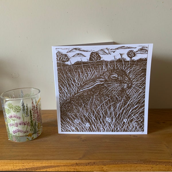 Linocut Hare Card: Hand-Printed Meadow Scene, Blank Inside