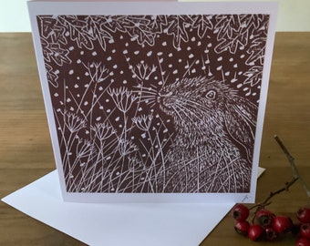 Lino Print Hare Christmas Card: Plum Winter Scene