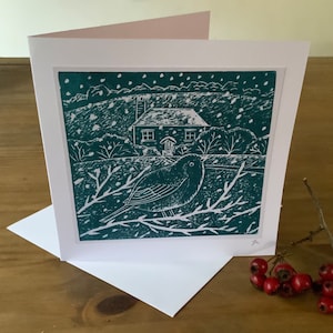 Lino print card, Robin card, Lino Print Christmas card winter scene, handmade card, Lino print card, Linocut card