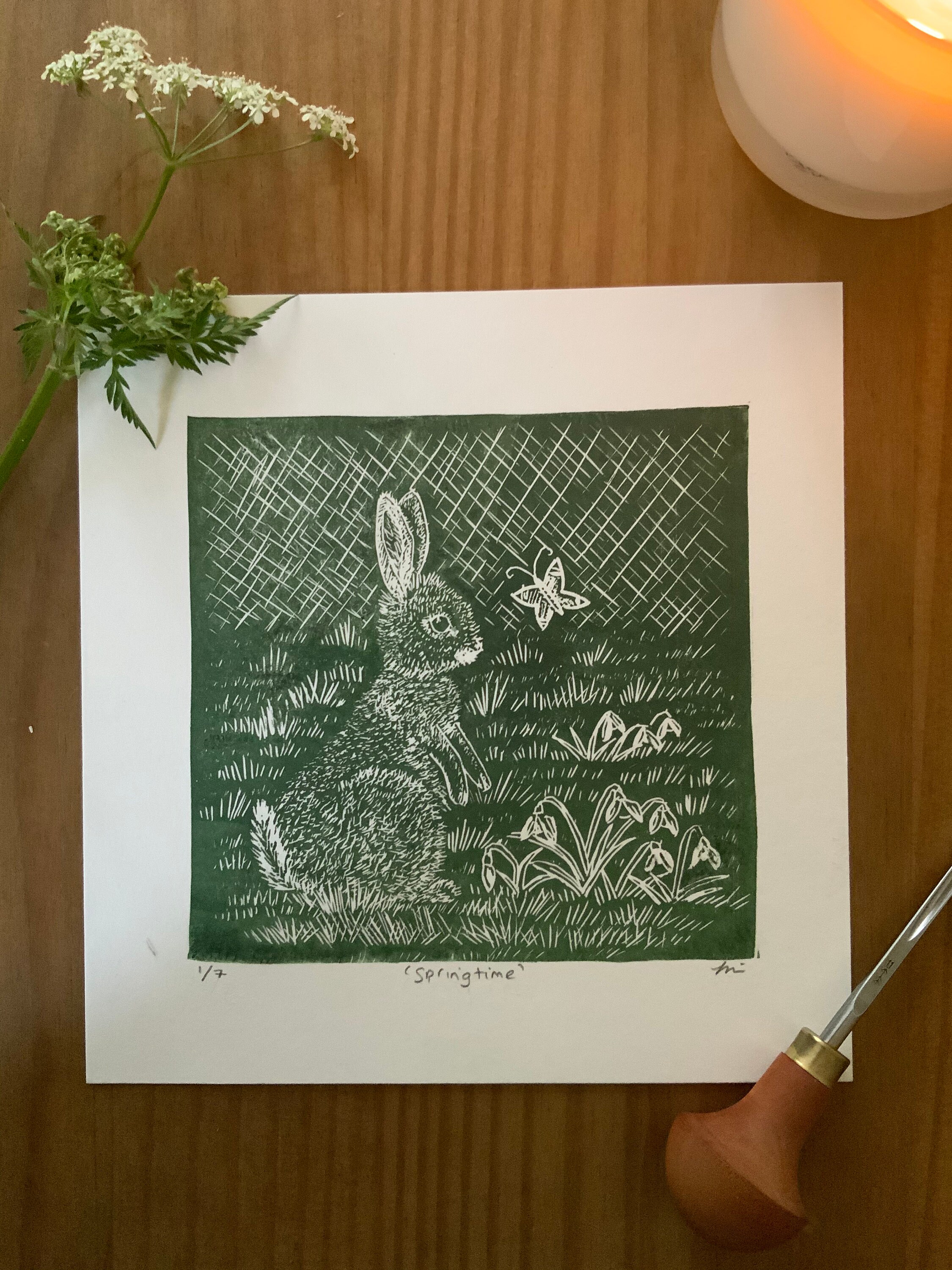 Lino print of a Rabbit in spring an original Lino cut print Etsy