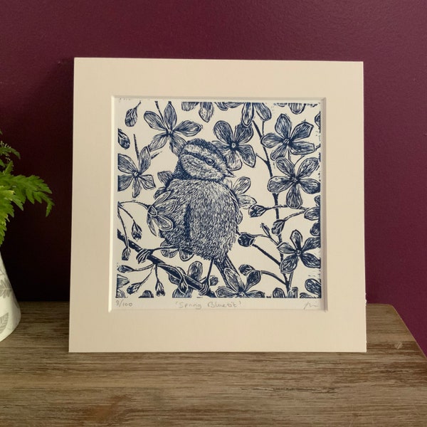 Lino print of a Blue Tit in spring blossom, an original limited edition lino cut print of a Blue tit bird in blue, gift for a bird lover.