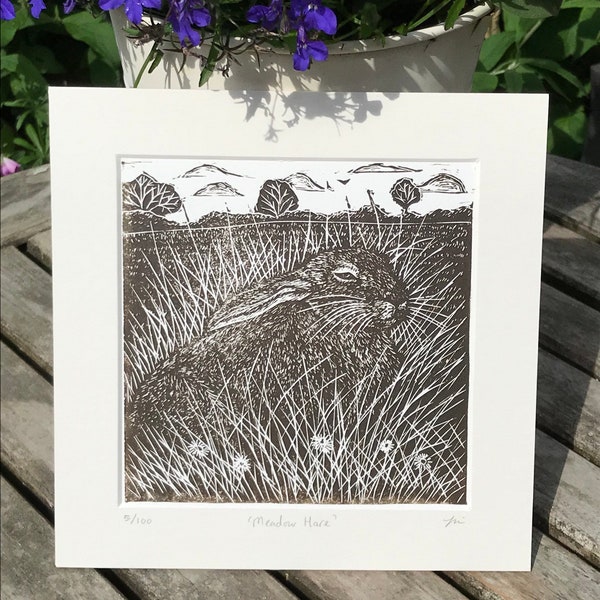Hare lino print / linocut, an original limited edition lino cut of a Hare in a summer meadow, gift for a nature lover.