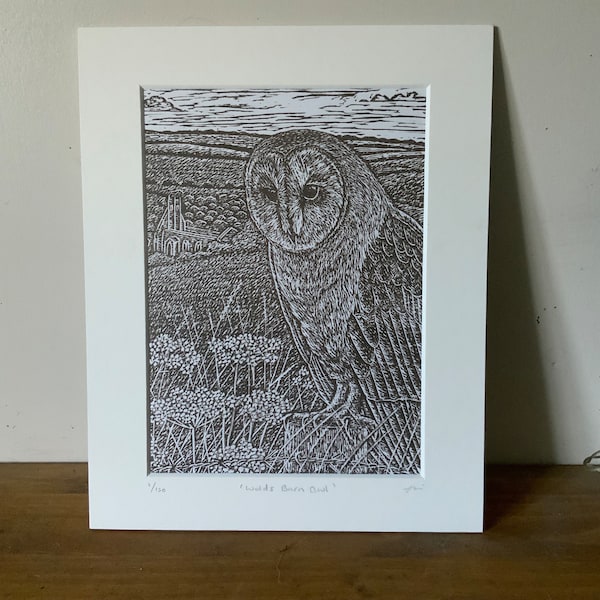 Barn owl lino print, an original limited edition lino cut print of a Barn Owl in the Yorkshire wolds, bird lover gift.
