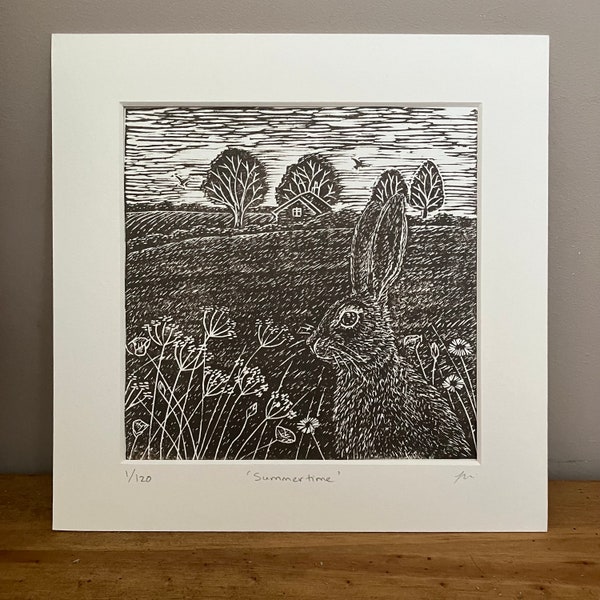 Hare Lino Print, Original limited edition  Linocut, Hare in Summer Meadow. Wildlife art.