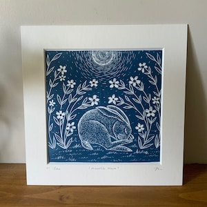 Moonlit Hare Lino Print: Original Limited Edition Blue linocut, Animal Art.