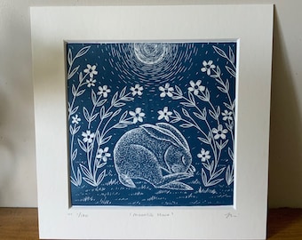 Moonlit Hare Lino Print: Original Limited Edition Blue linocut, Animal Art.