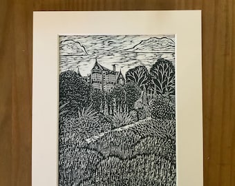 Lino print Burton Agnes Hall walled garden, a garden linocut print original hand printed limited edition lino cut print, gift for her.