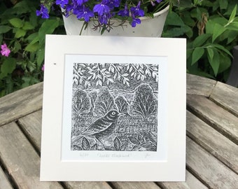 Blackbird lino print, an original limited edition lino cut print, hand printed in Yorkshire, gift for bird lover.