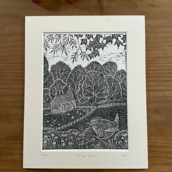 Wren lino print, an original limited edition hand printed lino cut print, entitled ‘Village Wren’, gift for bird lovers.