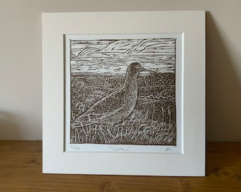 Curlew lino print / linocut, an original limited edition lino cut print of a Curlew on moorland, bird linocut print, bird lover gift.