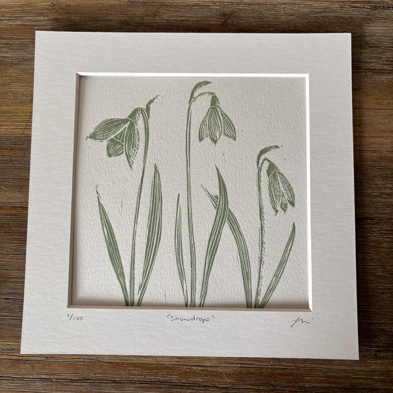 May include: A framed green and white print of snowdrops, with the text "snowdrops" and the number "1/100" printed below the image.