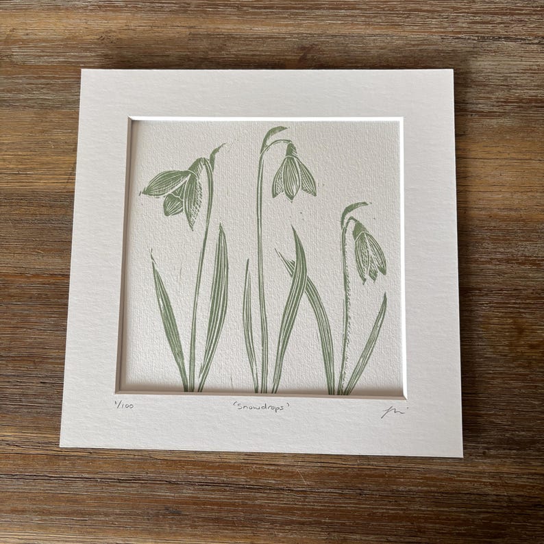 May include: A framed green and white print of snowdrops with the text "snowdrops" and the number "1/100" in the bottom left corner.