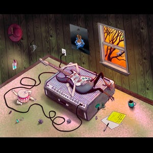 Puede incluir: Ilustración de una criatura con forma de guitarra tumbada sobre un amplificador vintage. El cuerpo de la criatura es la guitarra, con brazos y piernas. Un tambor, una maraca y una taza de café están cerca. Una ventana muestra una silueta de árbol.